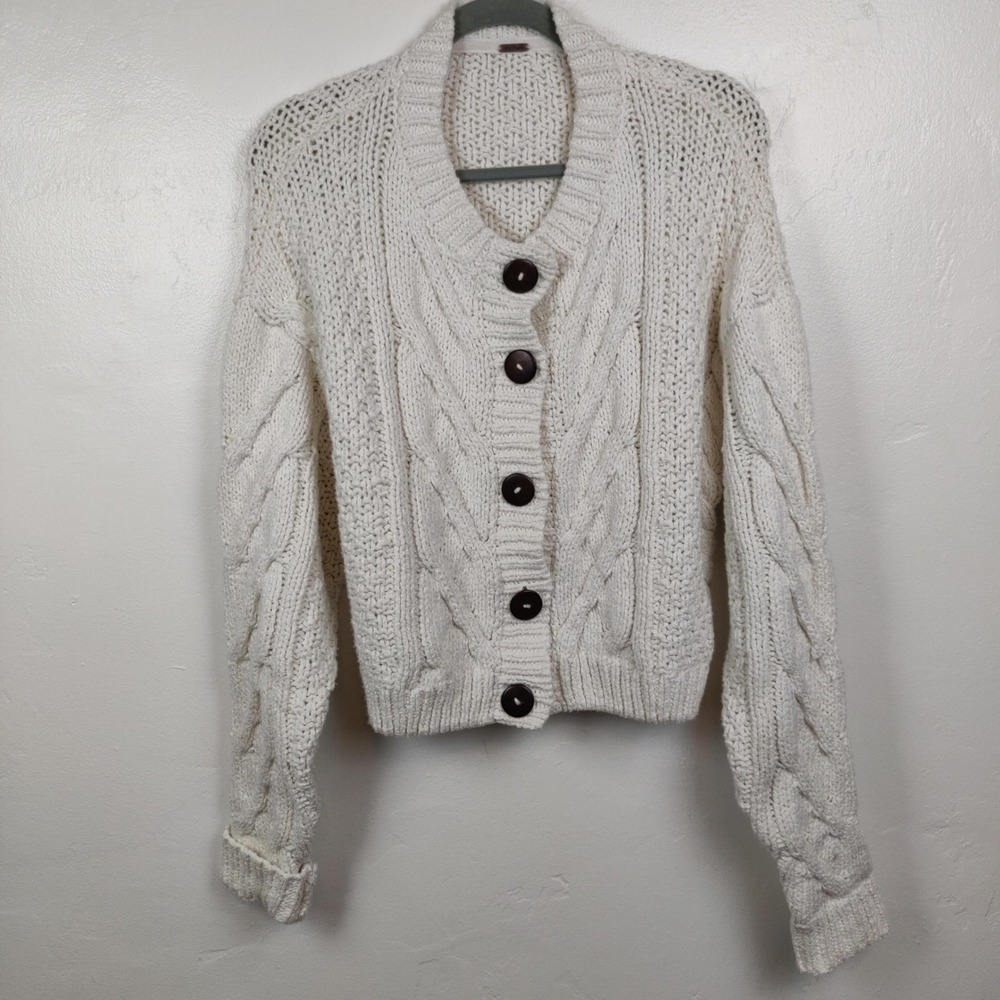 Free People Bonfire Cable Knit Cardigan Sweater Womens Medium Cream Boho Cotton - Picture 2 of 7